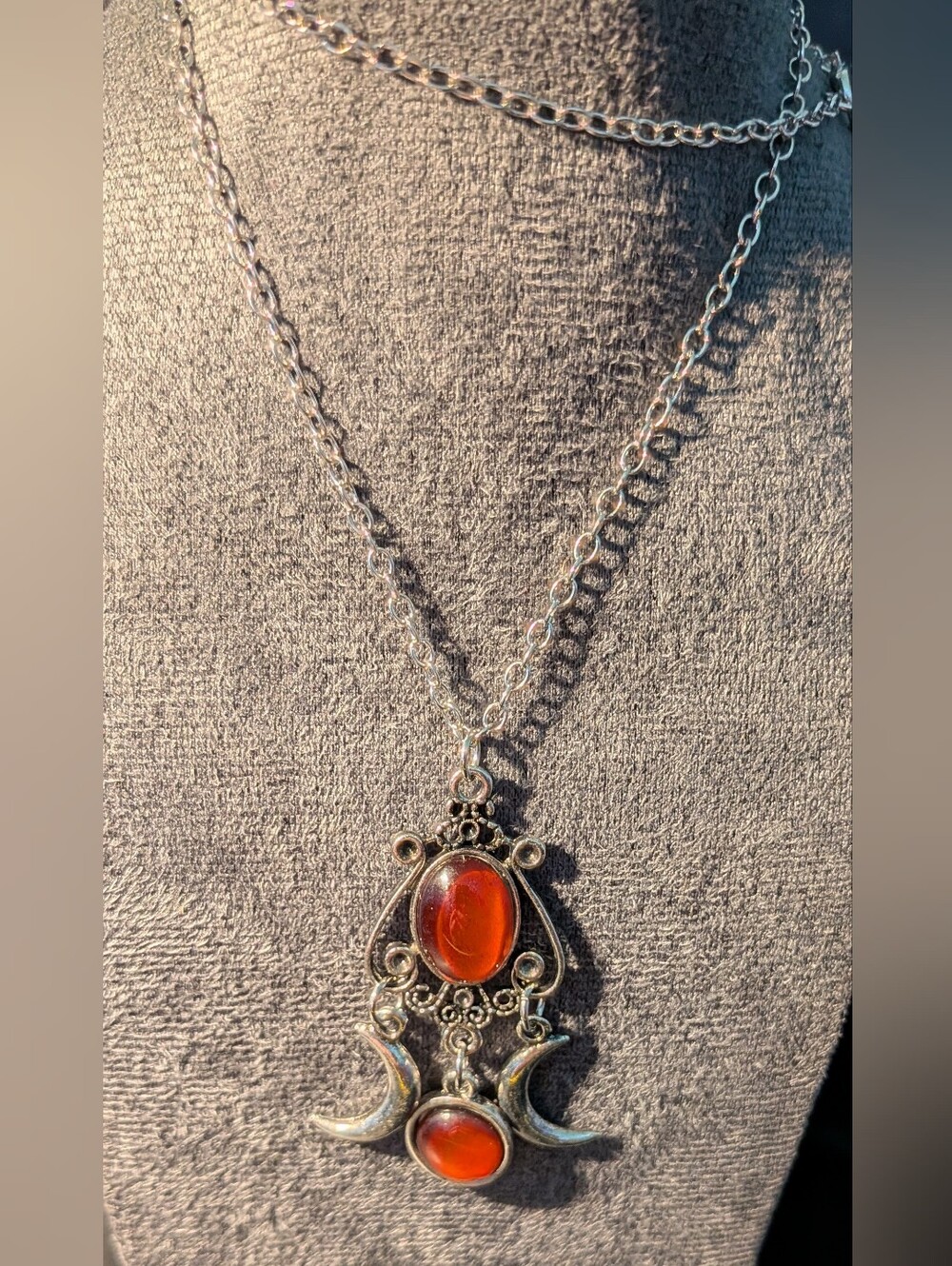 Silver-Tone Boho Red Stone Crescent Pendant Necklace